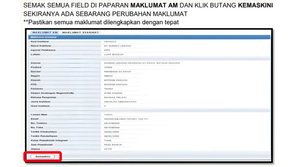 klik “Kemaskini” untuk mengesahkan perubahan