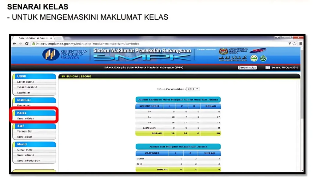 klik menu “Senarai Kelas”